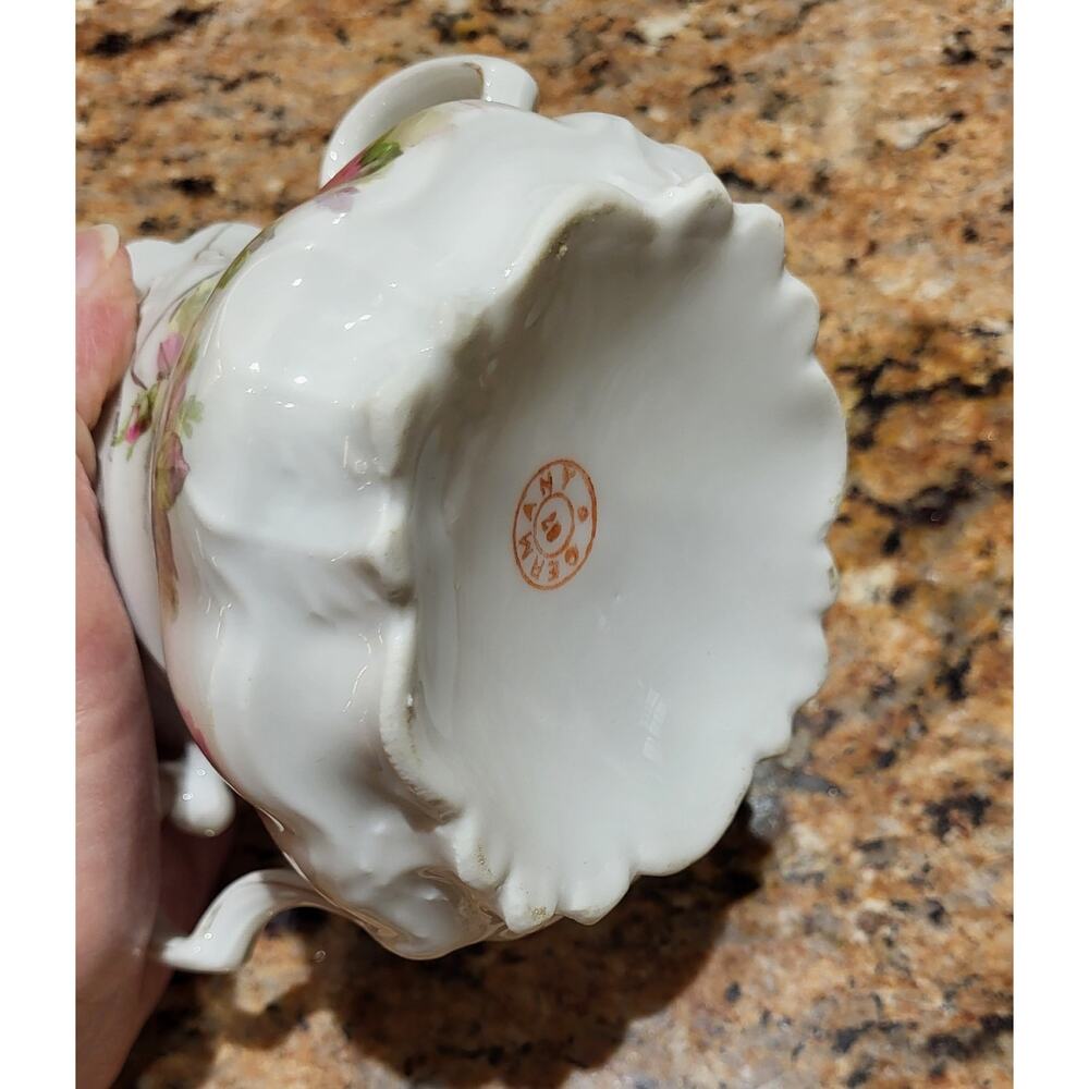 Antique Lehmann Leuchtenburg Germany Sugar Bowl Pink White Roses 2 handle - Picture 8 of 15